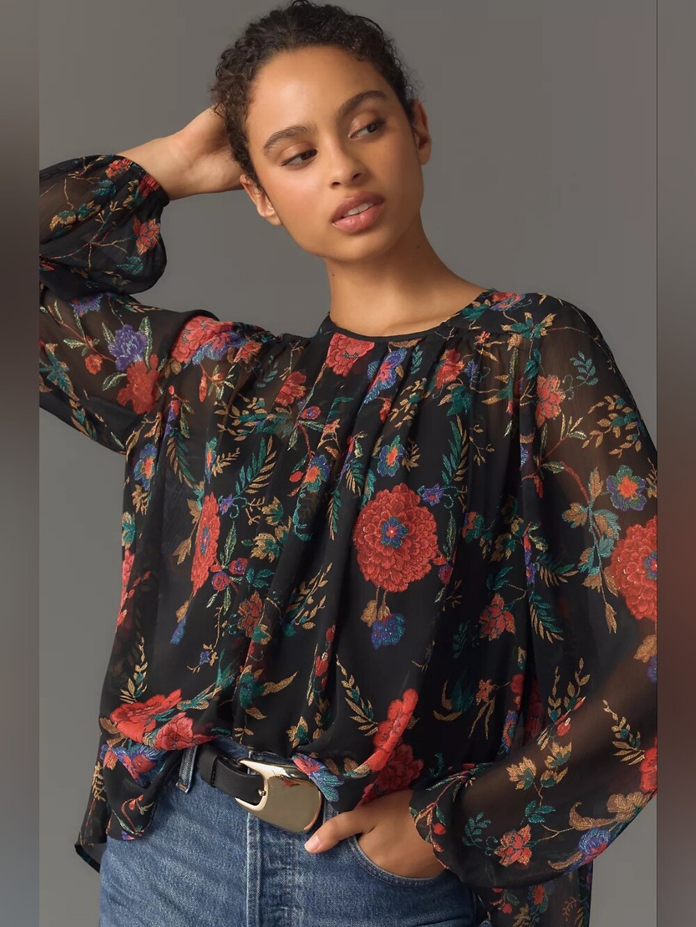 ​NWT Anthropologie Maeve Sheer Floral High Neck Blouse Top Black Motif Small S
